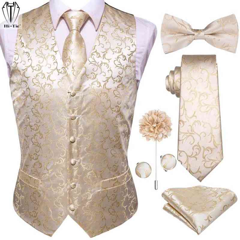 

HiTie Silk Mens Vests Jacquard Champagne Floral Vest Tie Bowtie Brooch Hanky Cufflinks Set For Men Suit Wedding business J220811, Multiple
