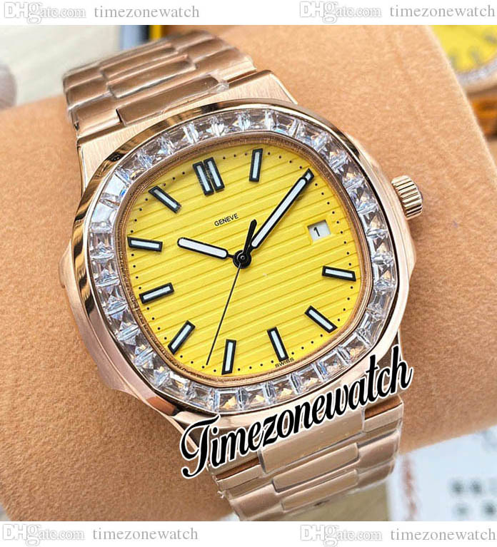 

2022 New 40mm Nautilus 5711 A2813 Automatic Mens Watch 5711/1A Yellow Textured Dial Stick Markers Diamond Bezel Rose Gold Bracelet Sport Watches TWPP Timezonewatch, Original box(no watch)