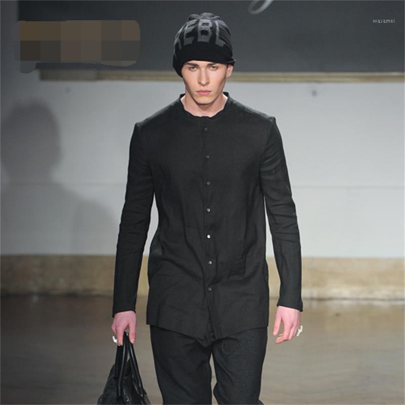 

Men' Shirt Stand-up Collar Top 2022 Autumn Cotton And Linen European American Show Solid Color Slim Large Size Long-sle Casual Shirts, Black
