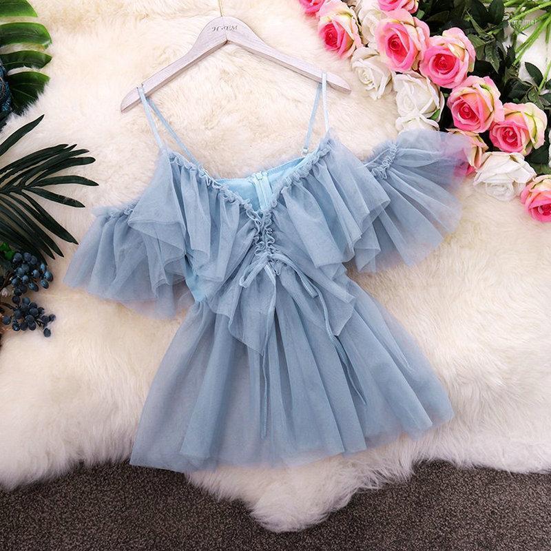 

Women's Blouses & Shirts Summer Autumn Women's V Collar Ruffles Flare Sleeve Waist Gauze Blouse Female Neck Lace-up Mesh Shirt TopsWomen, Black
