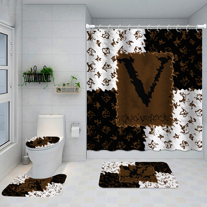 

Simple Print Shower Curtains Sets Hipster High-grade Four-piece Suit Bathroom Anti-peeping Non-slip Deodorant Must Bath toilet Mats free ship