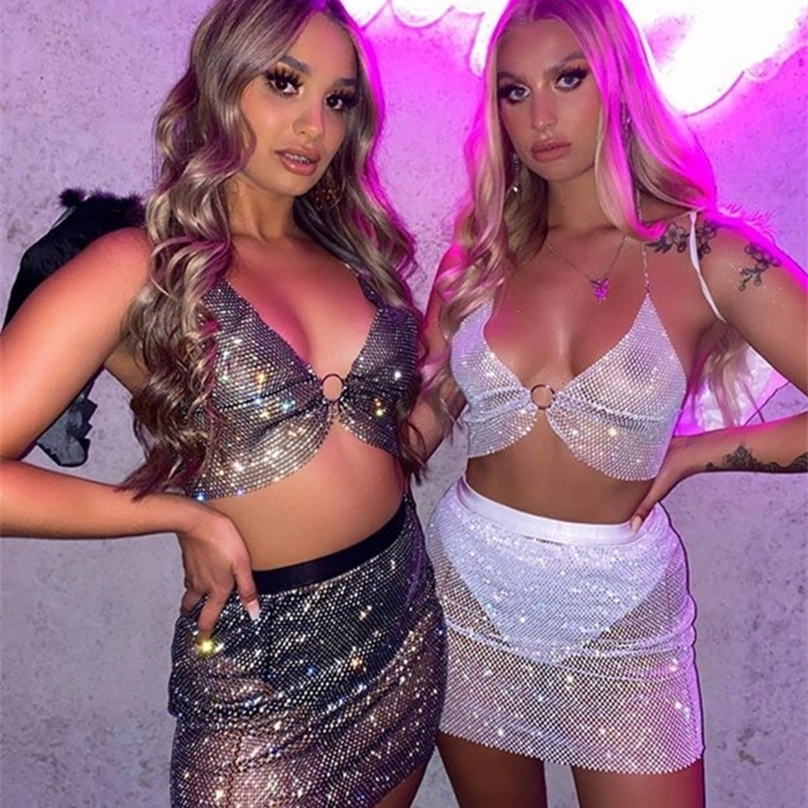 

SRUBY Sexy Crop Top Women Two Piece Set Festival Beach Club Outfits Party Tank T Shirt Woman Halter s s Summer 220318, 1190 blue top