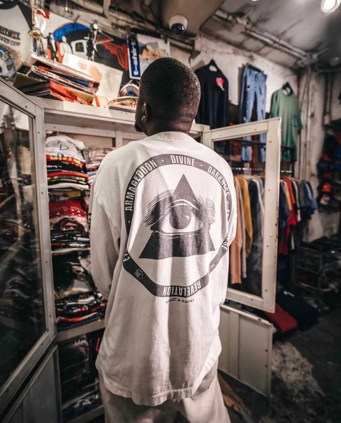 

Men' Hoodies Saint Michael high street trend sin letter print loose long sleeve triangle eternal eye t-shirt men and women, White