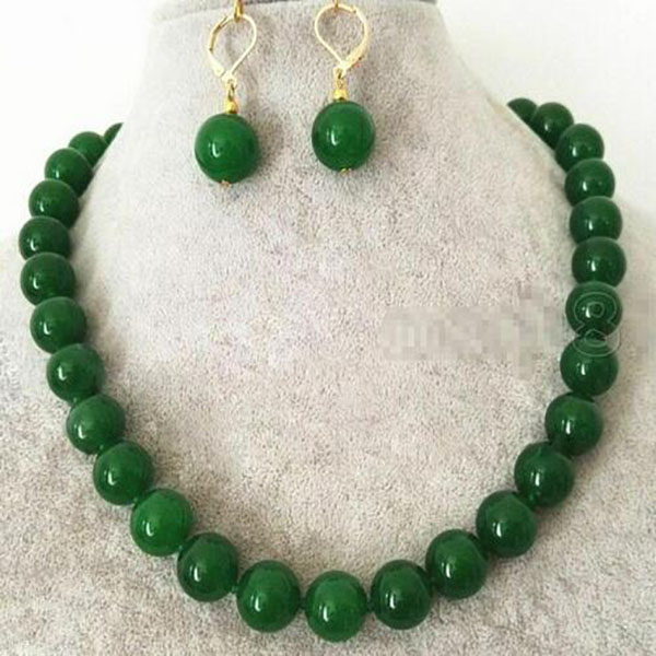 

Fashion Natural 10mm Green Jade Round Gemstone Beads Necklace Earrings Set 18'', Deep green