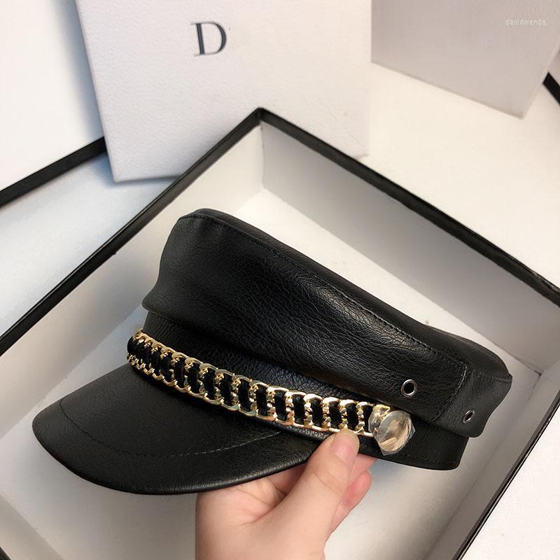 

Berets Black Hats For Women Men Winter Military Hat Fashion Gold Chains Leather Navy Cap Unisex Casual Ladies Internet Celebrity BeretBerets