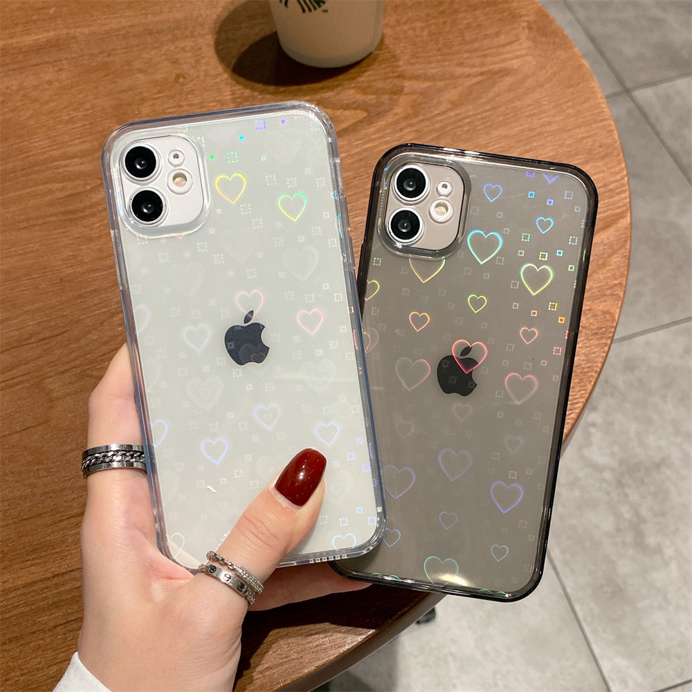 

Cell Phone Cases Fashion Gradient Laser Love Heart Pattern Case For iPhone 13 11 12 Pro Max X XS XR 7 8 Plus SE Clear Cover, Transparent + love laser card