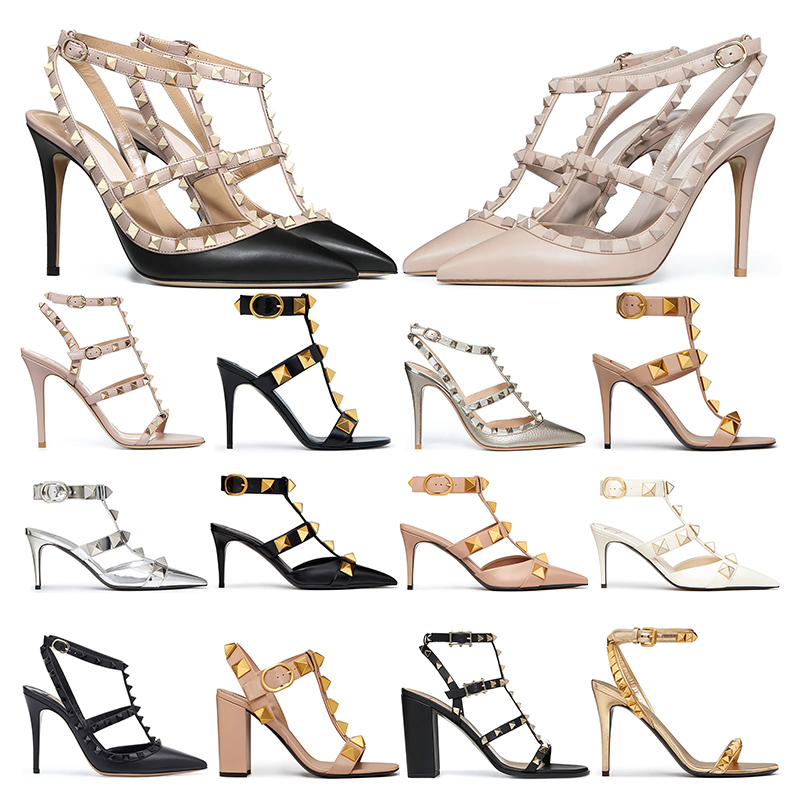 

Designers high heel Dress Shoes Ankle Strap Roman Stud black nude sliver with Rivets womens stiletto chunky heels 60 80 100 MM pointed open toes size 5-10