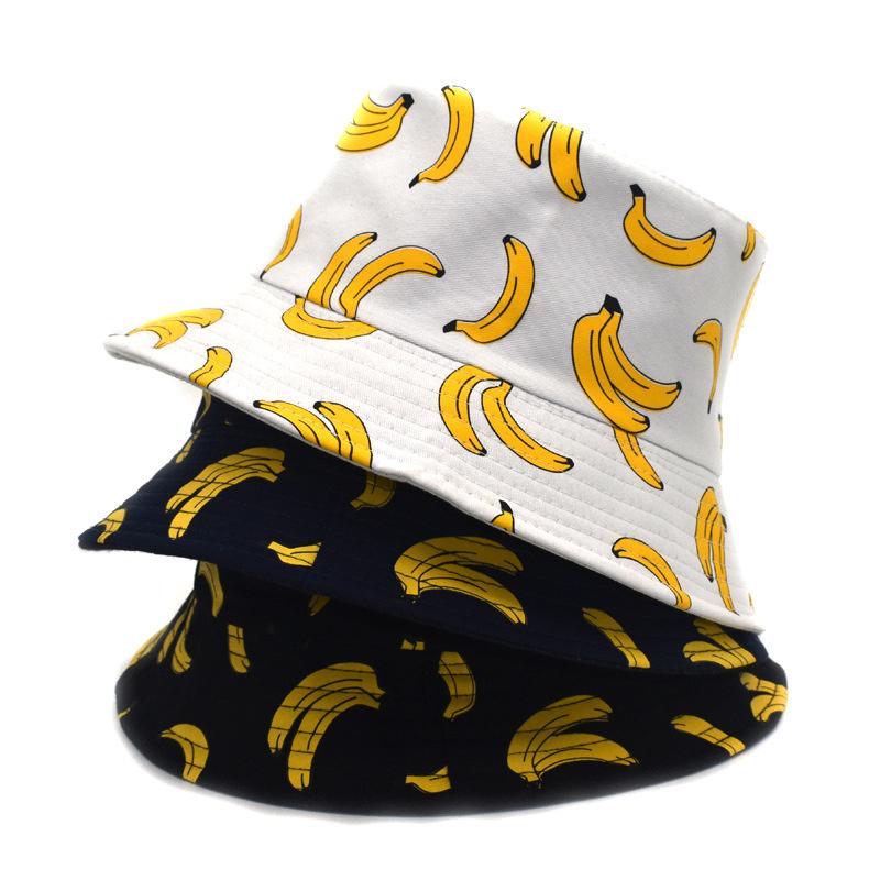 

Berets Banana Print Double-sided Fisherman Hat Tide Men And Women Street Hip-hop Sun Cotton Couple Basin HatsBerets, White
