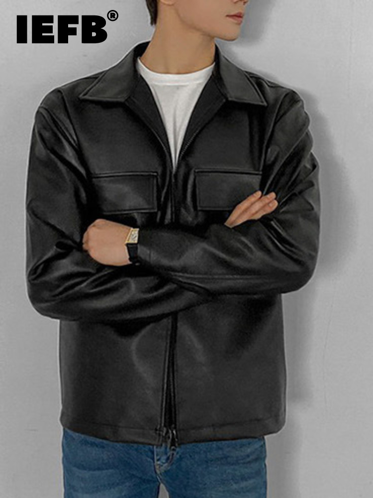 

IEFB Men's Solid Color Casual Leather Jacket Large Pockets Personality Design Korean Style Slim Fashionable Top 9A1732 220816, Black