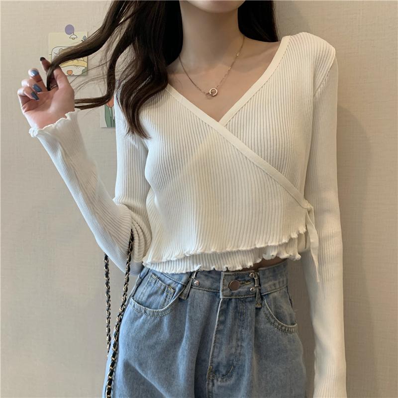 

Women's Knits & Tees V-Neck Knitted Long-sleeved Crop Top Sweater Fashion Slim Solid Color Korean Women's Cardigan 2022 Spring And Autum, Sky blue