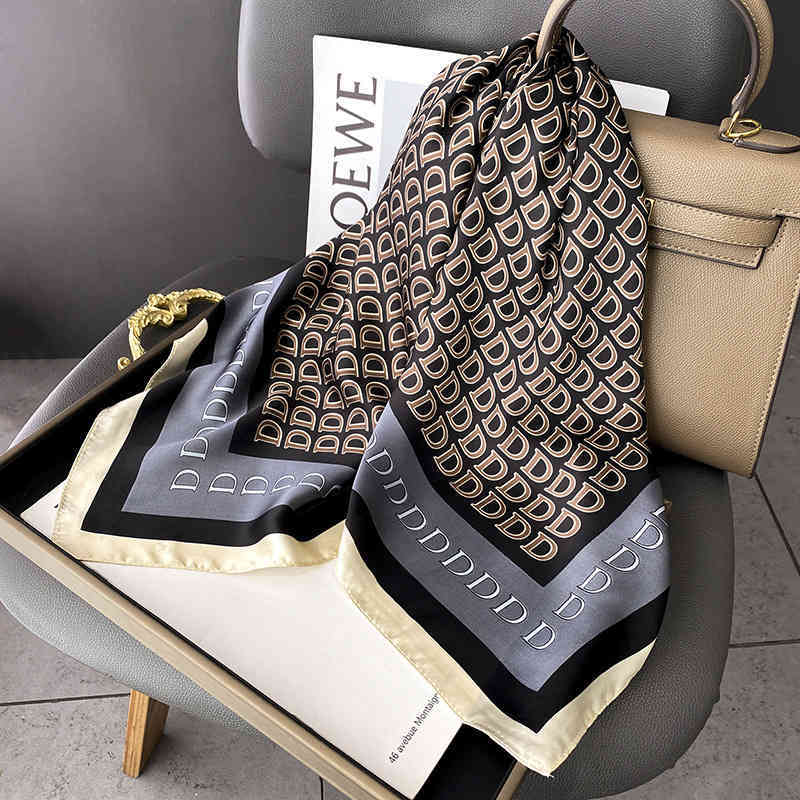 XFYV Summer light and thin all over printed letter D color matching silk 70 medium square scarf spring autumn temperament binding bag
