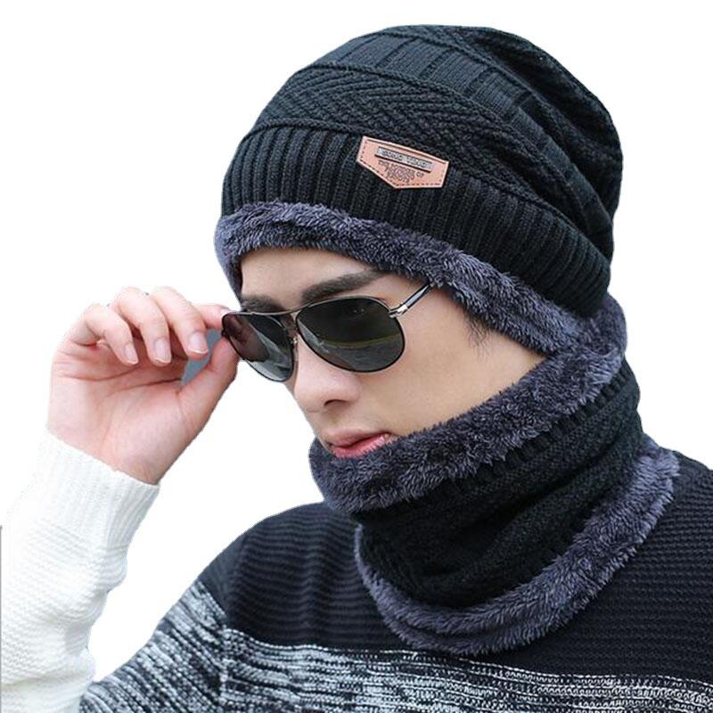 

Berets Winter Beanie Hat For Men Knitted Cap Women Thick Wool Neck Scarf Balaclava Mask Bonnet Hats, Black