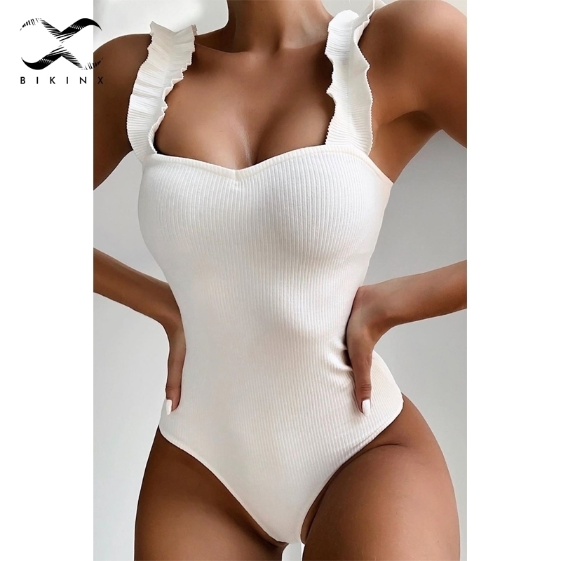 

White Brazilian bikini thong High cut swimwear women bodysuits onepiece swimsuit with ruffles Ribbed monokini bathers Y200319, -3