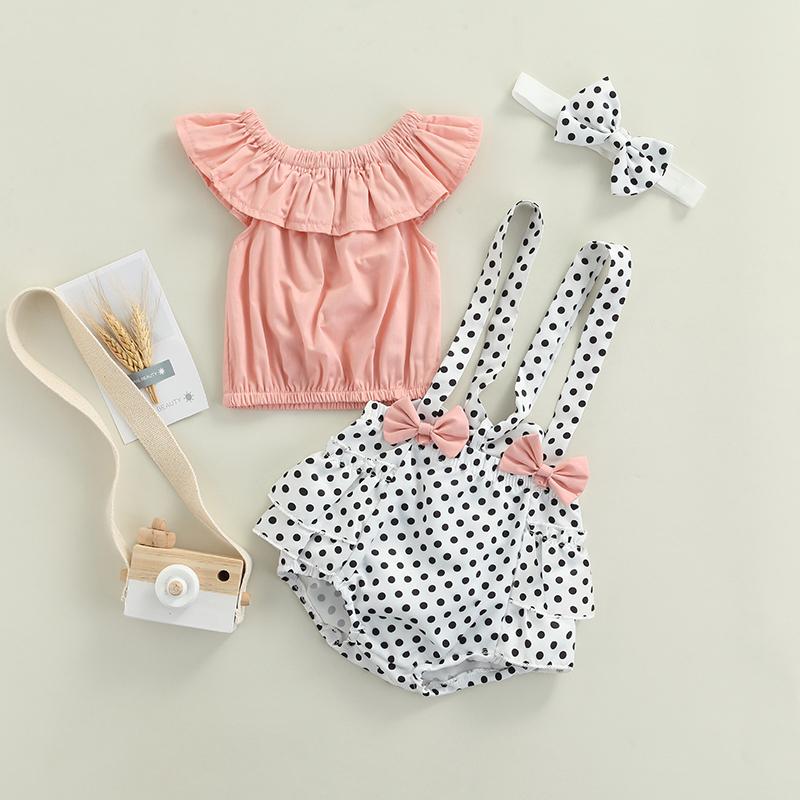 

Clothing Sets 3Pcs Baby Girls Outfits Summer Clothes Off Shoulder Ruffle Tops Suspender Shorts Headband Born SetClothing, As pic