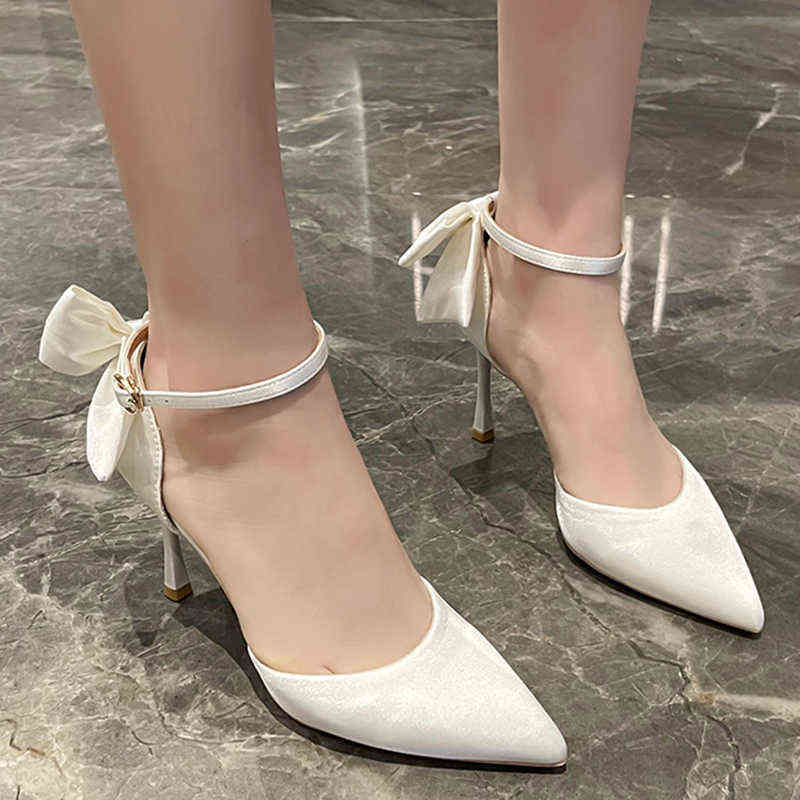 

Dress Shoes Sandals Back Bowtie Ankle Pumps For Women White Silk Super High Heels Woman Elegant Pointy Toe Wedding Lady 220416, Beige