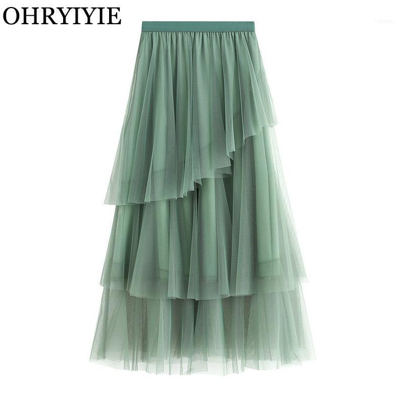 

Skirts OHRYIYIE Green Pink Maxi Long Tulle Skirt Women Fashion Korean Elegant Elastic High Waist A-line Tutu Female Jupe Longue1, Black