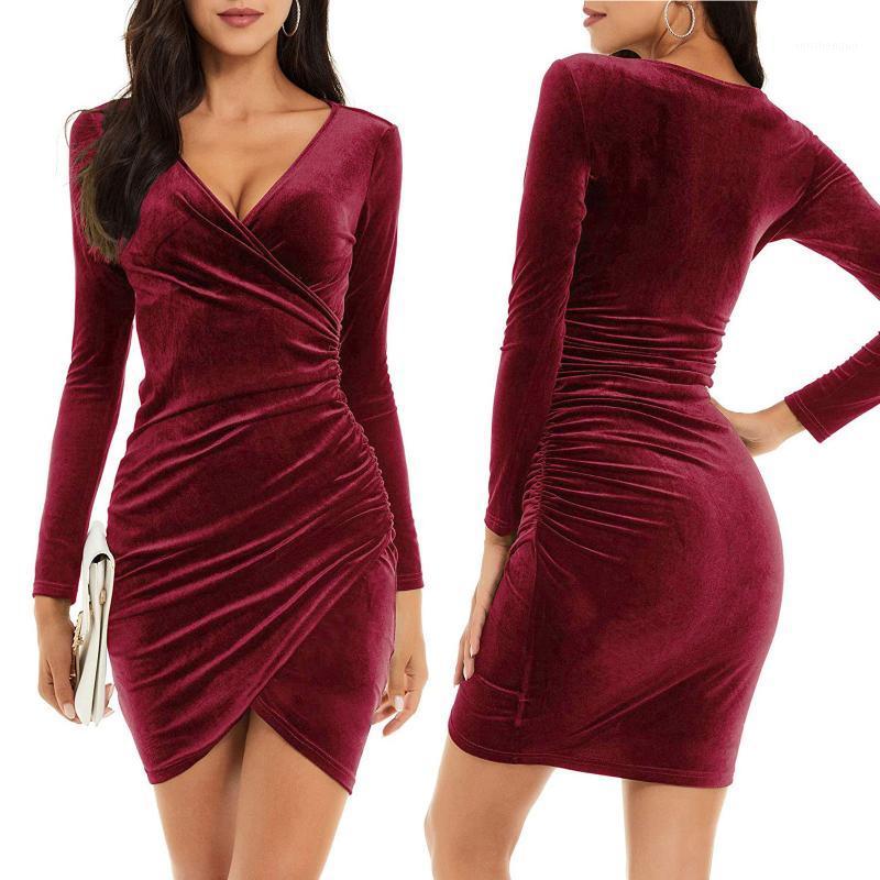

Casual Dresses Deep V-Neck Sexy Party Dress For Women Autumn Winter Velvet Long Sleeve Bodycon Club Robe Wrap Ruched Mini Vestido, Black