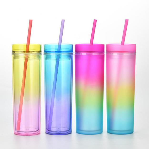 

16oz Straight Acrylic Tumbler with Lid Straw Gradient Colors 16oz Plastic Cup 480ml Double Wall Acrylic water bottle BPA Free T0404, As pic