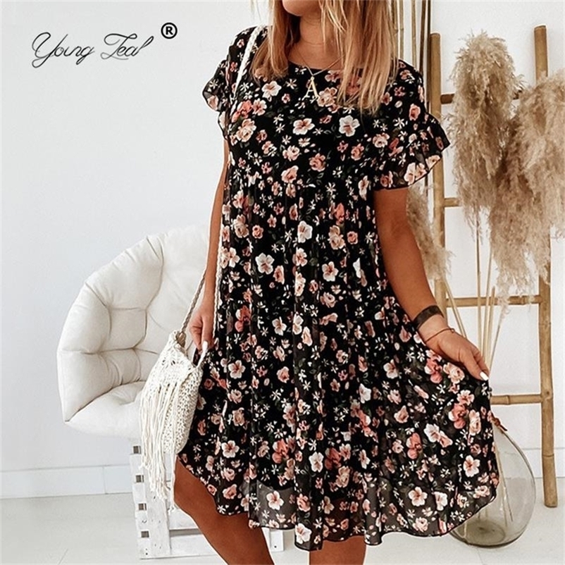 

Women Floral Print Dress Summer Ruffle Short Sleeve O Neck Mini Beach Casual Loose Office Lady Elegant Vestidos 220614, Apricot