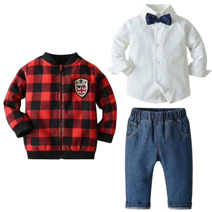Spring/Fall Baby Boys Clothing Sets Plaid Long Sleeve Jacket Coat And Washed Jeans and Shirt With BowTie Three-piece Suit-image-385909750