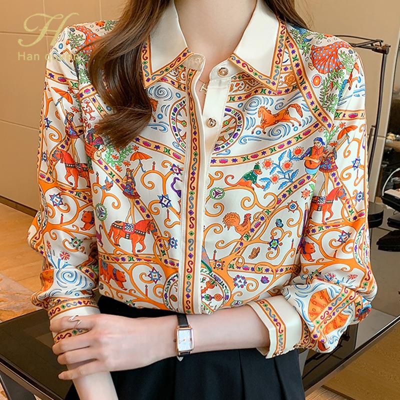 

Women' Blouses & Shirts H Han Queen Autum Basic Office Lady Blusa Turn-down Collar Vintage Print Tops Elegant Chiffon Women Loose Casual, Photo