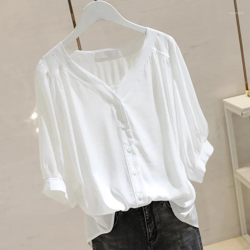 

Women' Blouses & Shirts 3XL V-neck Short-sleeve Shirt Women 2022 Summer Top Korean Loose Button Up Blouse Lady Plus Size White Blusas, Purple