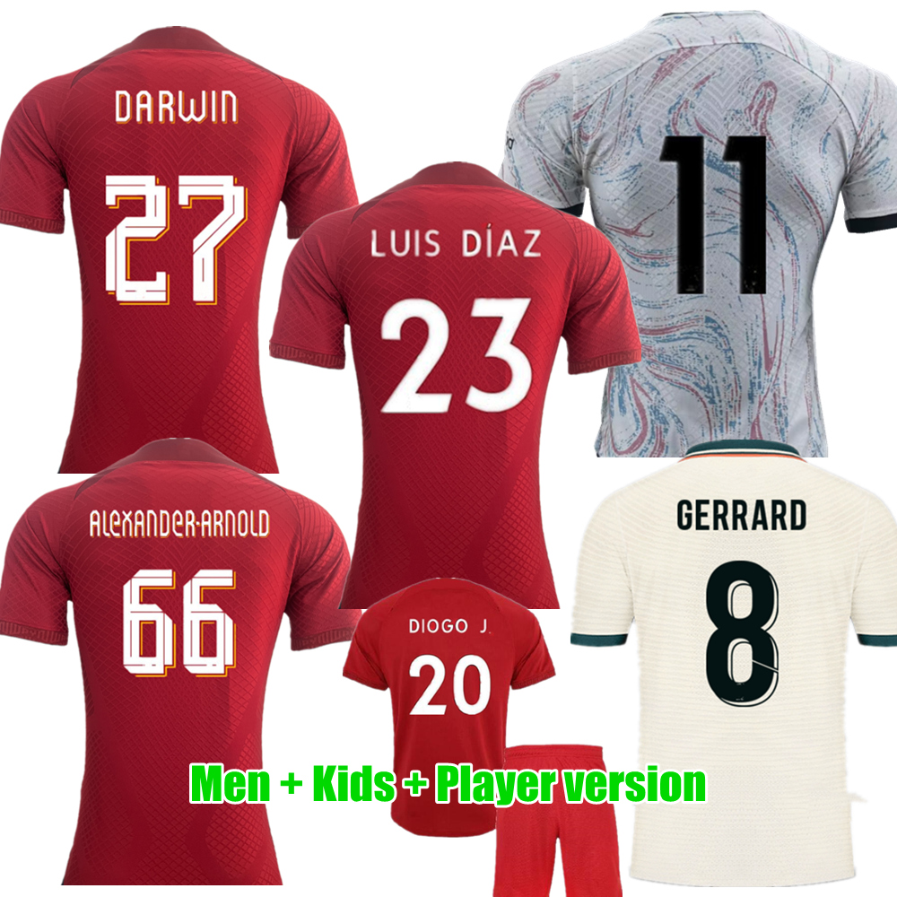 

LUIS DIAZ DARWIN Soccer Jerseys 2022-23 DIOGO JOTA GERRARD Home red away Fan Player version Football Shirts Men kids Soccer kit, 22-23 home kids