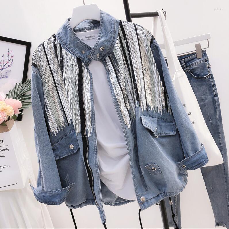 

Women's Jackets Sequined Denim Jacket 2022 Autumn Female Wear Loose Heavy Industry Sequins Retro Pull Rope Worn Jeans Outwear, As photo 1