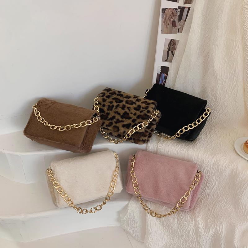 

Evening Bags Fashion Women Plush Soft Fur Chain Top-handle Bag Lady Autumn Winter Solid Color Flap Mini HandbagAll-match Bolsas Feminina, Leopard