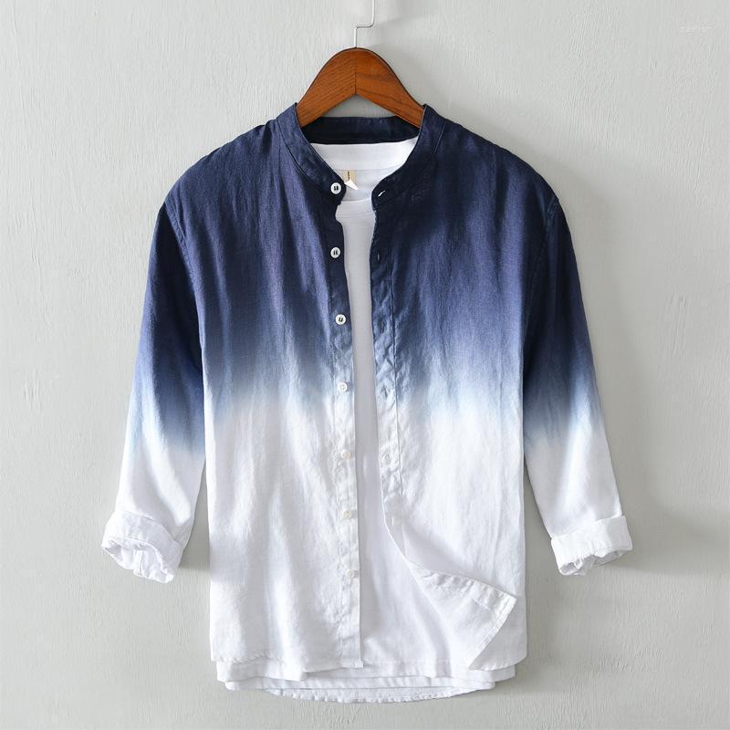 

Men's Casual Shirts 2022 Summer Gradient Color Shirt Stand Collar Comfortable Breathable Linen, Blue