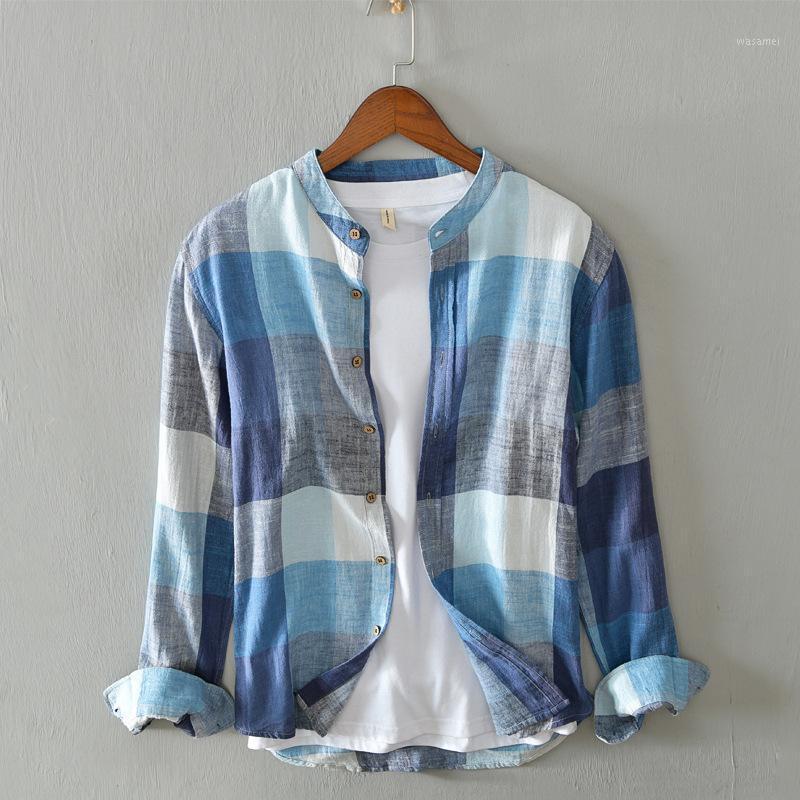 

Men's Casual Shirts Japanese Style Vintage Shirt Men Spring Long Sleeve Patchwork Color Plaid Mens Cotton Linen Breathable Top, Blue