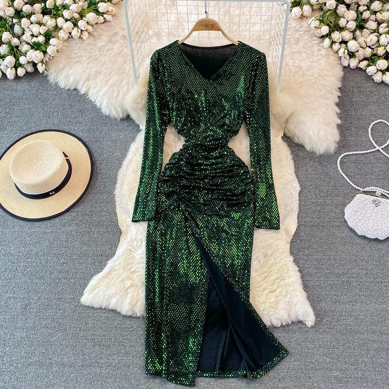 

Casual Dresses Evening Dress Women's Spring Sequin Party Long Girls Bodycon V-neck Wrinkle Tight Glitter Emerald Green Prom, Black