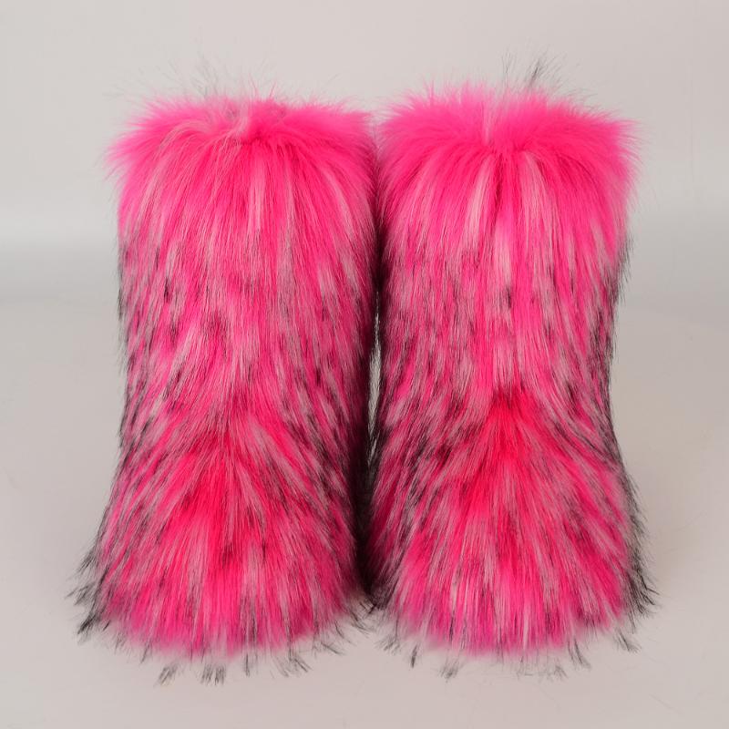 

Boots Women Winter Snow Faux Raccoon Fur Ski Female Middle Calf Platform Outdoor Warm Cozzy Fluffy Furry