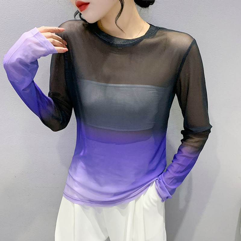 

Green Purple Tie Dye T Shirt Women O Neck Sexy Basic Mesh T Shirt Female Slim Womens Tops Casual Vintage Mesh Tshirts Elastic 220613