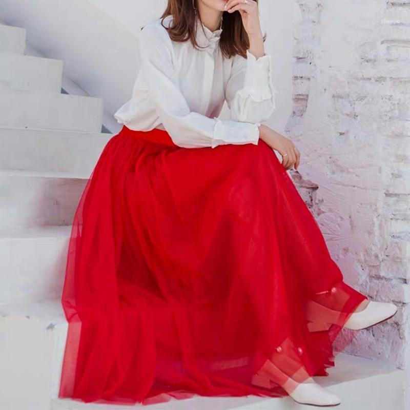 

Skirts Fall Winter Red Extra Long Mesh Skirt Office Lady Vintage Expansion Bohemian Beach Travel High Street Elastic Waist1