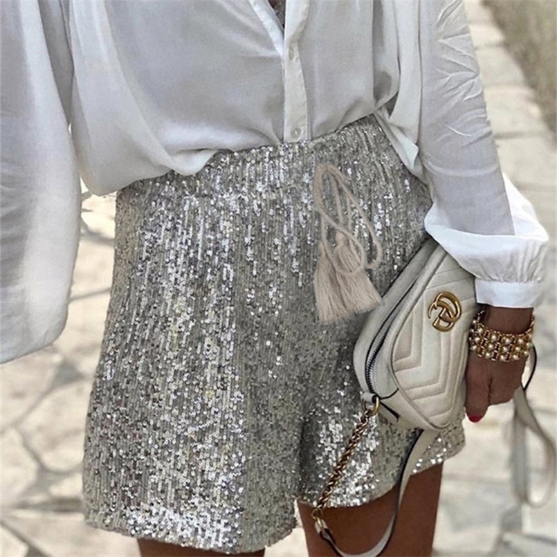 

Silver Sequins Women Shorts Year Party Low Waist Lace Up Female Mini Shorts Summer Autumn Streetwear Loose Ladies 220419
