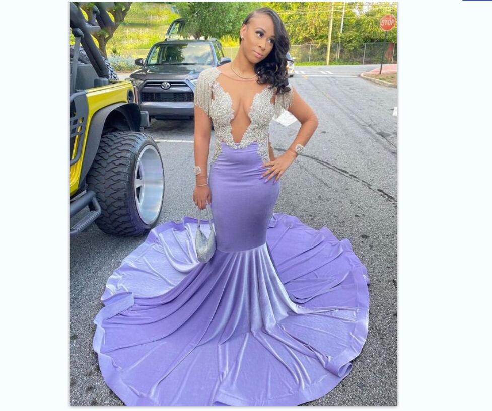 

Lavender Backless Mermaid Prom Dresses for Black Girls Boat Neck Sweep Train Velvet Tassel Appliques Women Evening Party Gowns, Lilac