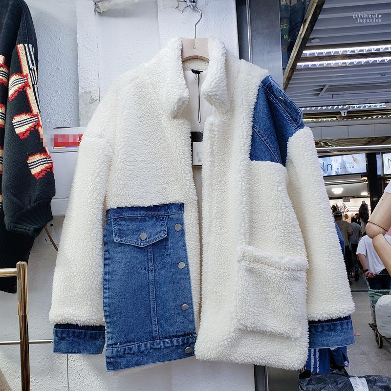 

Women's Down & Parkas 2022 Winter Denim Stitching Overcoat Loose All-Matching Short Warm Cotton Coat Lamb Wool Coats Female Thick Fleece Jac, Khaki