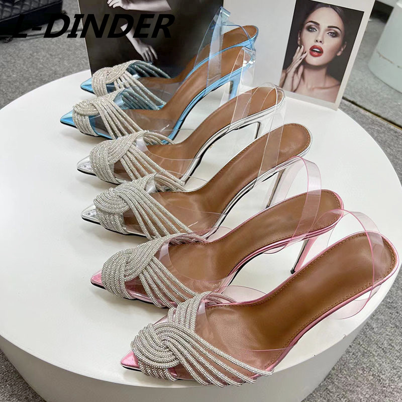 

Spring Crystal PVC Women Party Shoes Clear Pointy Toe Slingback Thin High Heel Banquet Wedding Sandals Shiny Stilettos, Pink