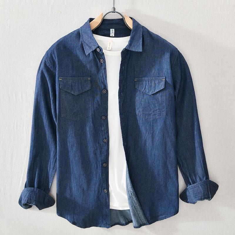 

Men's Casual Shirts Classic Style Two-pocket Retro Denim Long-sleeved Shirt 2022 Four Seasons High-end Brand Top Male Trendy Cowboy Jacket, Light blue