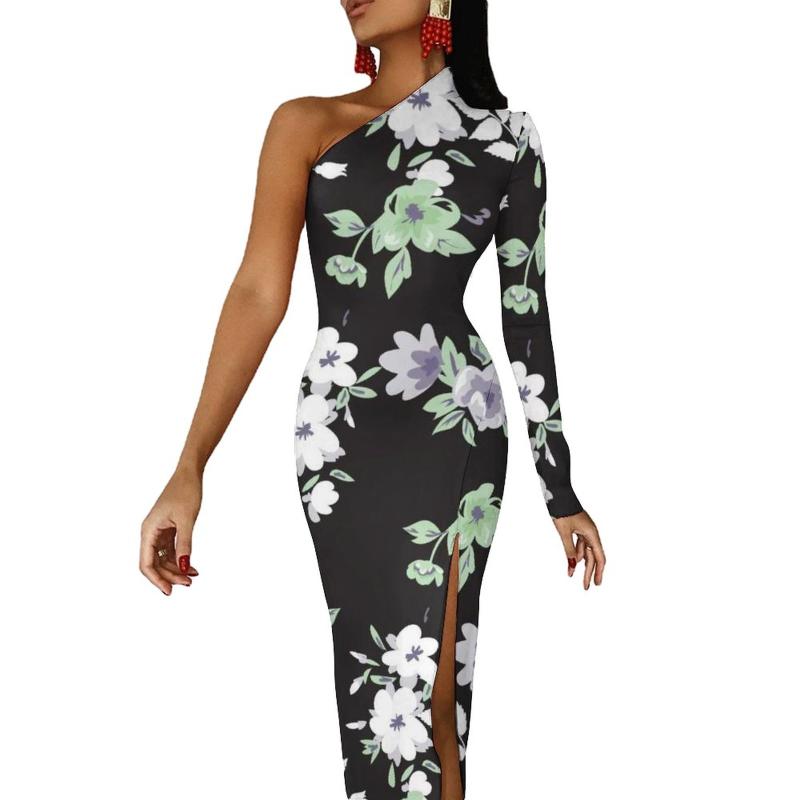 

Casual Dresses Daisies Trendy Maxi Dress One Shoulder Flowers Print Street Style Bodycon Spring High Slit Vintage Female ClothingCasual, Style-3
