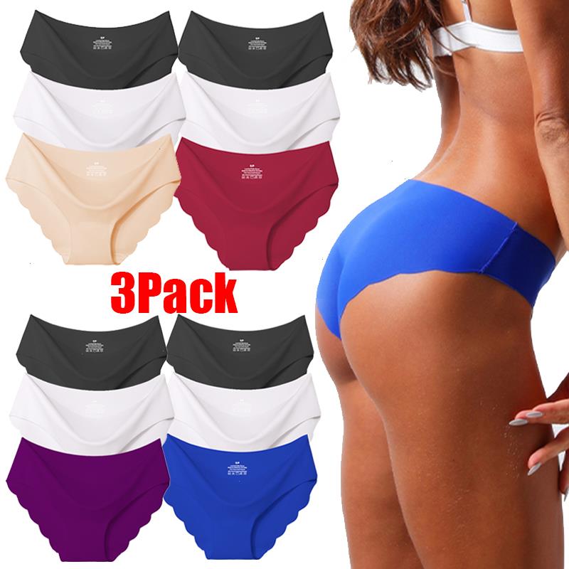 

3pcs Womens Seamless Panties Solid Ultra-thin Underwear Sexy Low-rise Ruffles Briefs Lingerie Underpants High Quality, Black white purple