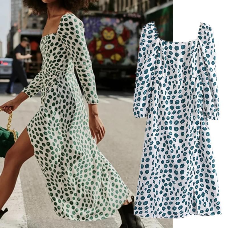 

Casual Dresses Jenny&Dave France Style Vintage Square Collar Green Polka Dot Print Asymmetry Sexy Dress Forking Fashion Party Midi Women