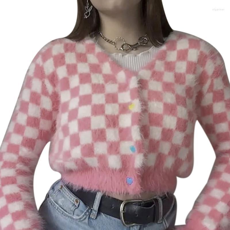 

Women' Knits & Tees Women Knit Crop Tops Fuzzy Long Sleeve V Neck Checkerboard Print Button Down T-Shirts Spring AutumnWomen' Olga22