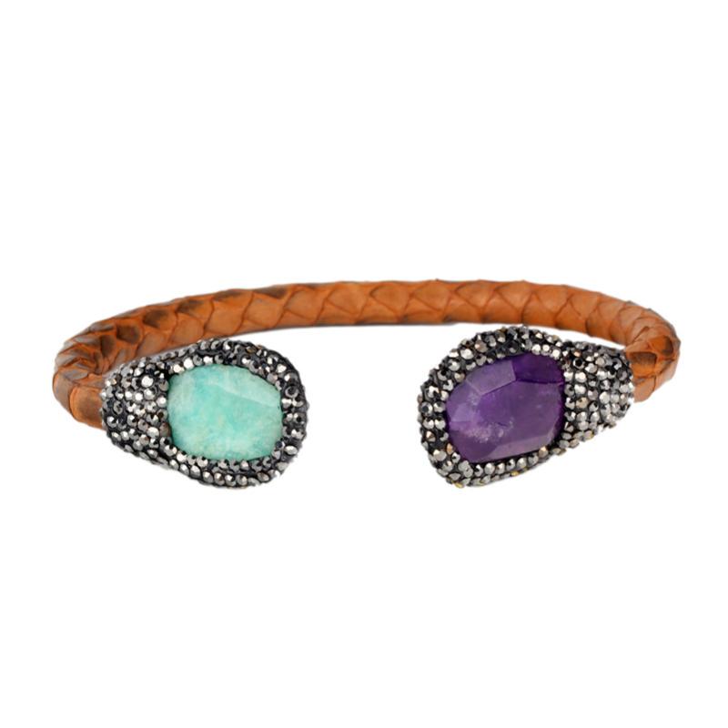 

Bangle Luxury Brown Leather Natural Angular Blue Purple Semi Precious Stone Bead Charm Adjustable Open For Women