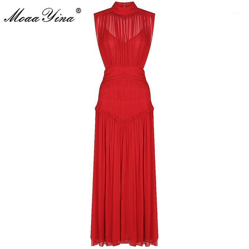 

Casual Dresses MoaaYina Fashion Designer Dress Summer Women' Stand Collar Sleeveless Ruched Slim Sexy Party Dinner, Beige