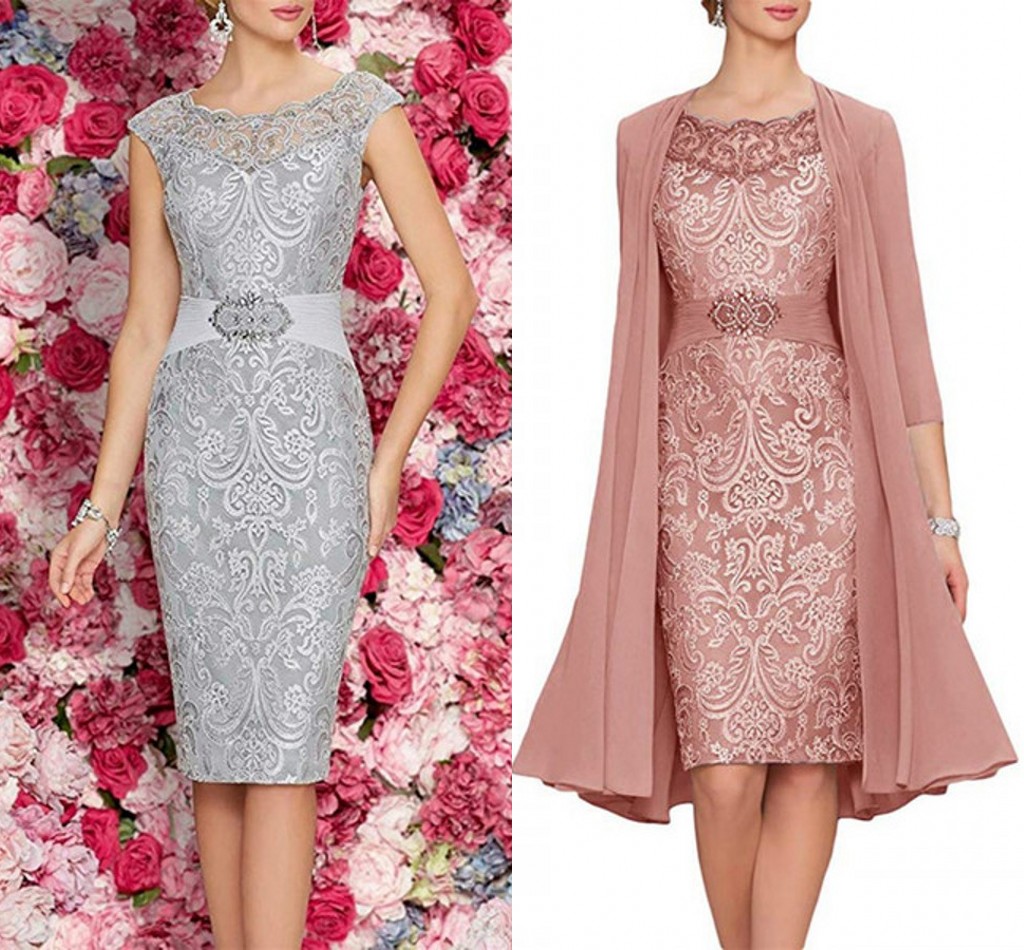 2024 Robes de la mère de la mariée avec veste en mousseline en dentelle en satin gaine courte du genou femme cocktail de célébrités de célébrités