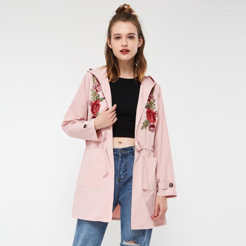 

Women's Trench Coats Causal Coat Women Hooded Lace Up Long Overcoat Spring Autumn Stylish Floral Embroidery Sweet School Street Pink Outerwe