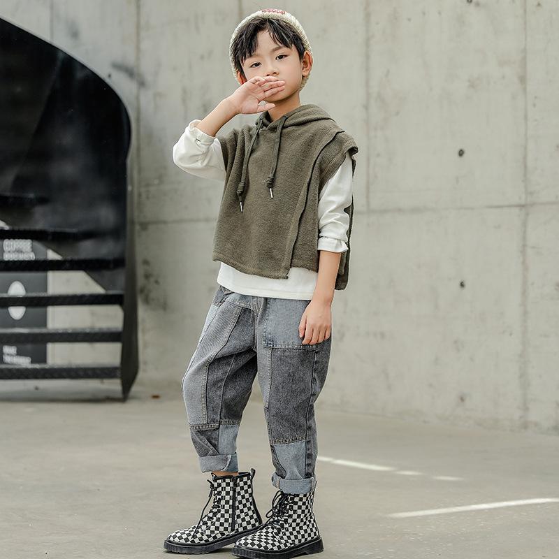 

Clothing Sets Children's Autumn Suit 2022 Korean Version 4-14 Years Old Boys' Sleeveless Hoodie Bottoming T-shirt Stitching Jeans 3-, Dark grey