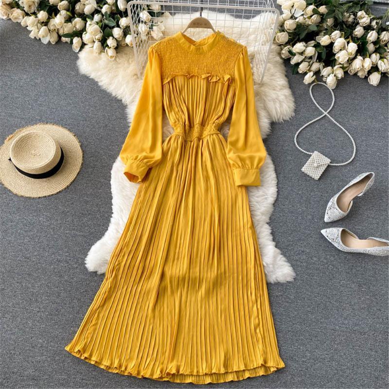 

Casual Dresses Chic Autumn Korean Chiffon Dress Women Basic Fashion Pleated Maxi Long Sleeve High Waist Solid Vestidos Female Clothing, Yellow